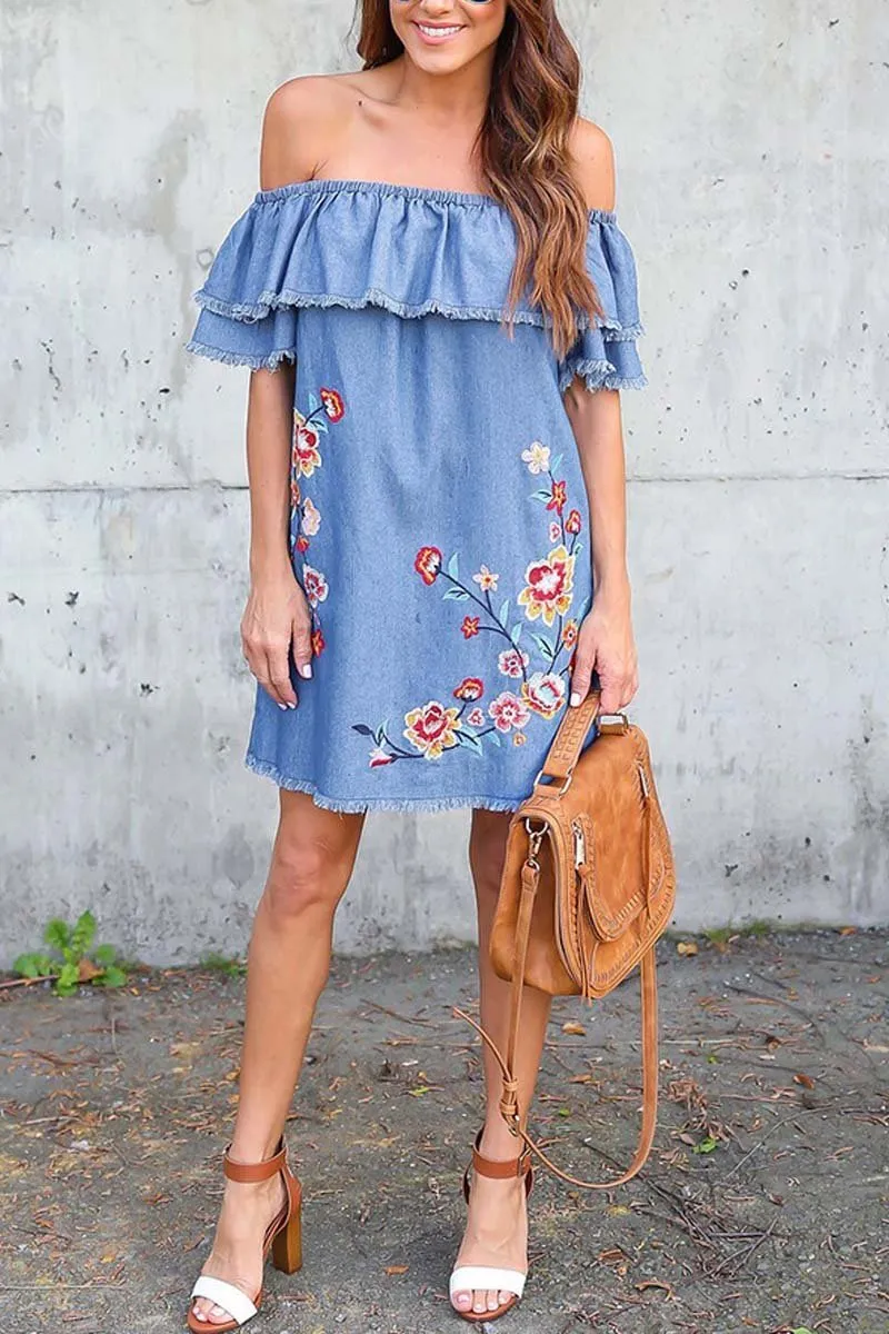 Denim Off-Shoulder Embroidery Flower Loose Dress