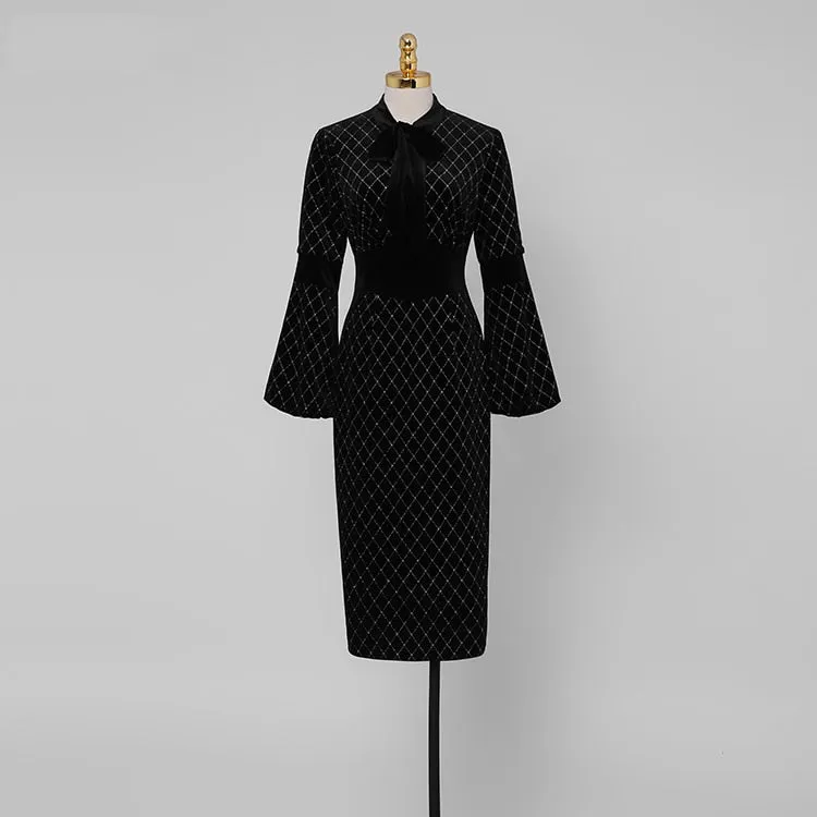 Designer Runway Lantern Sleeve Black Velvet Party Dinner Dresses