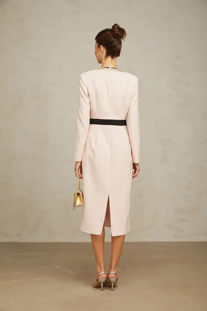 diamond-embellished sheath maxi dress in pink