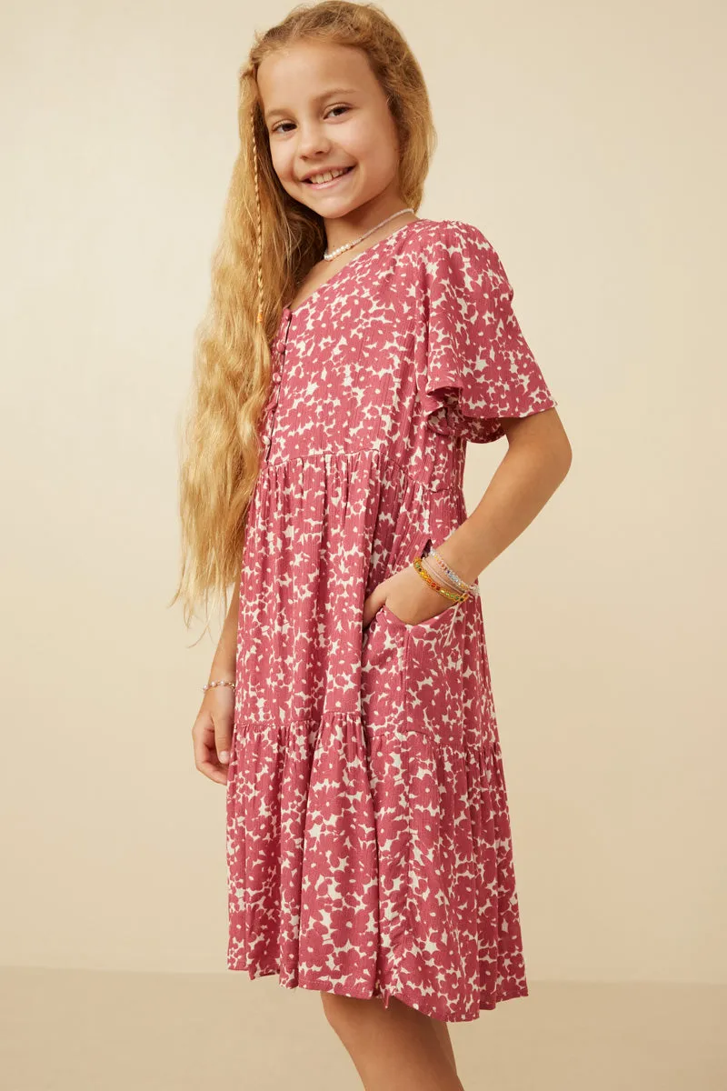 Ditsy Floral Buttoned V Neck Tier Dress