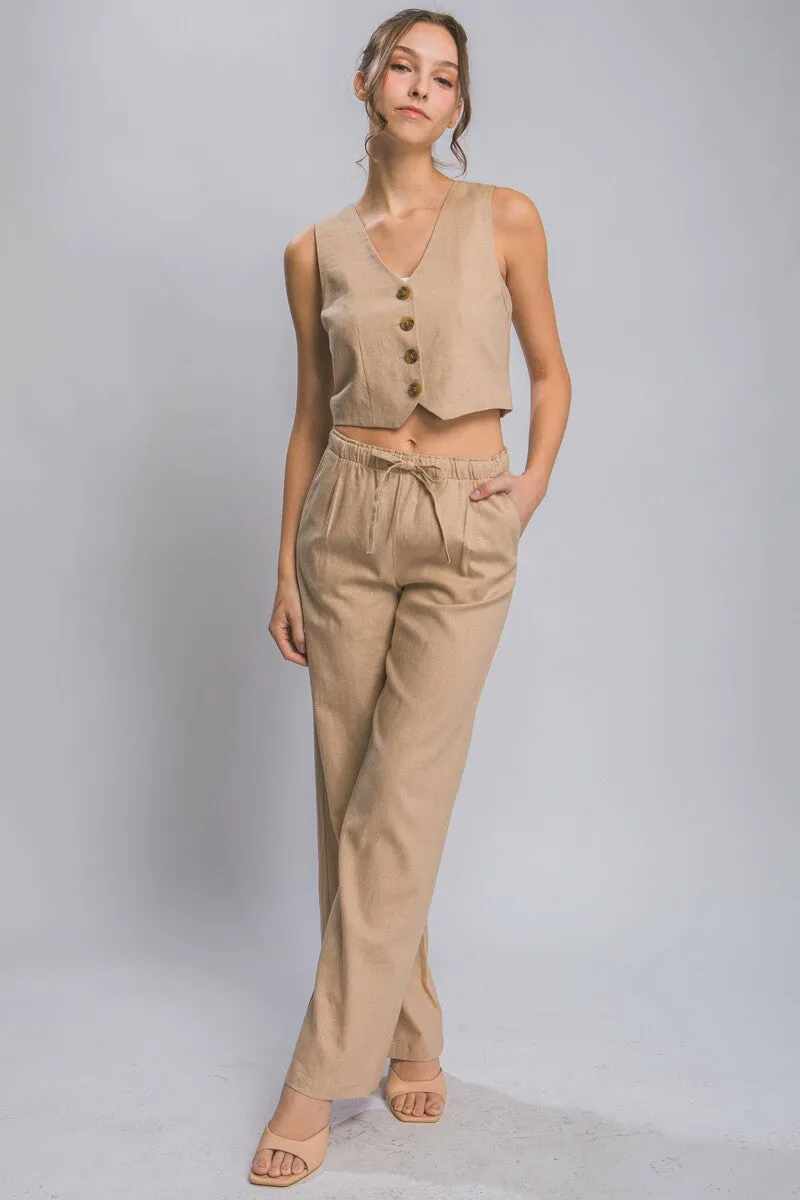 Drawstring Linen Blend Pants W/Pockets