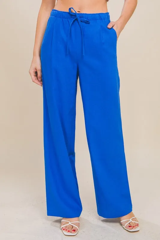 Drawstring Linen Blend Pants W/Pockets