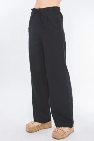 Drawstring Linen Blend Pants W/Pockets
