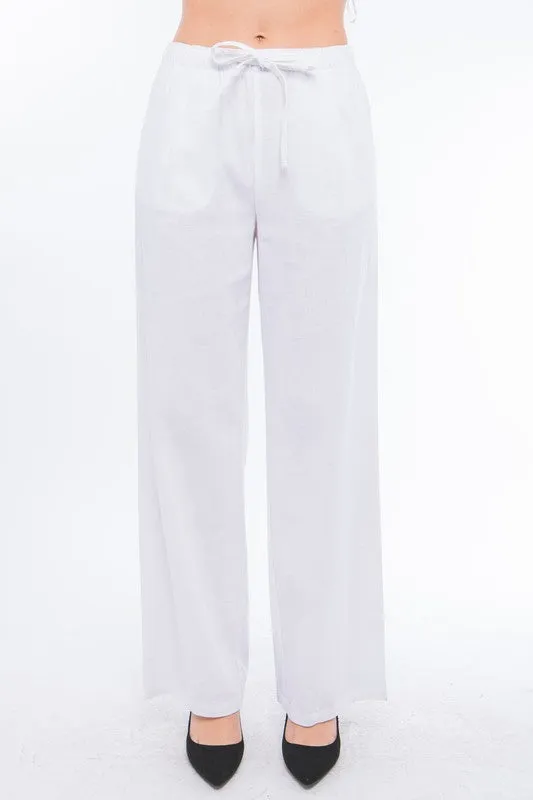 Drawstring Linen Blend Pants W/Pockets