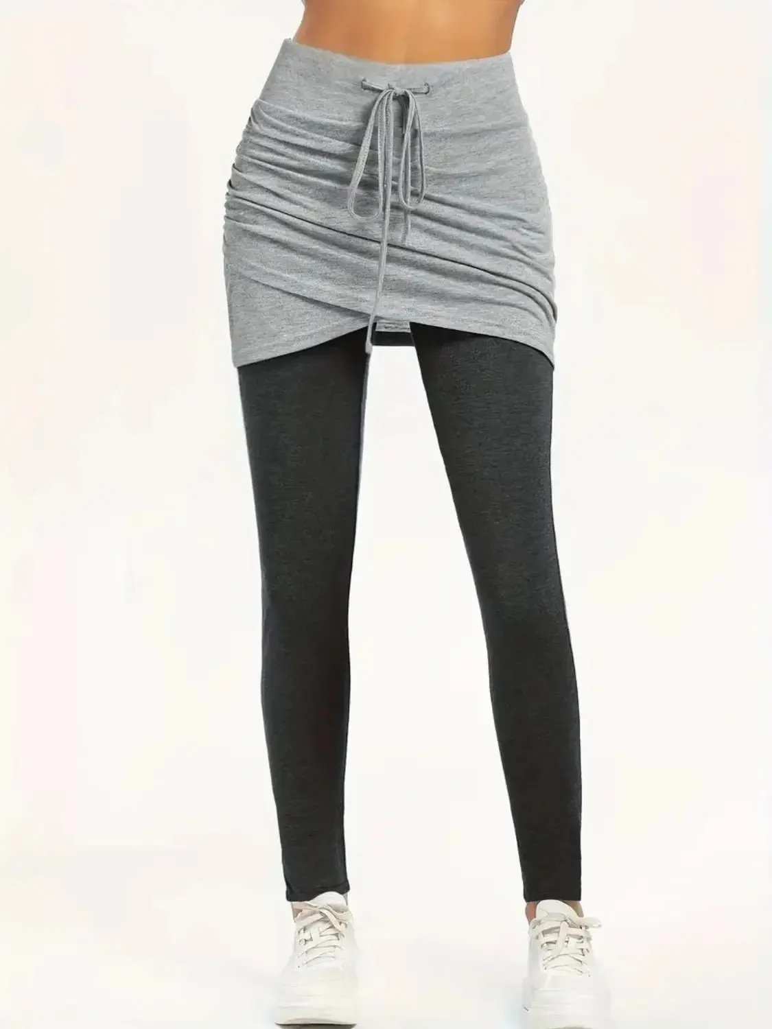Drawstring Two Pieces Active Leggings with Ruched Skirt