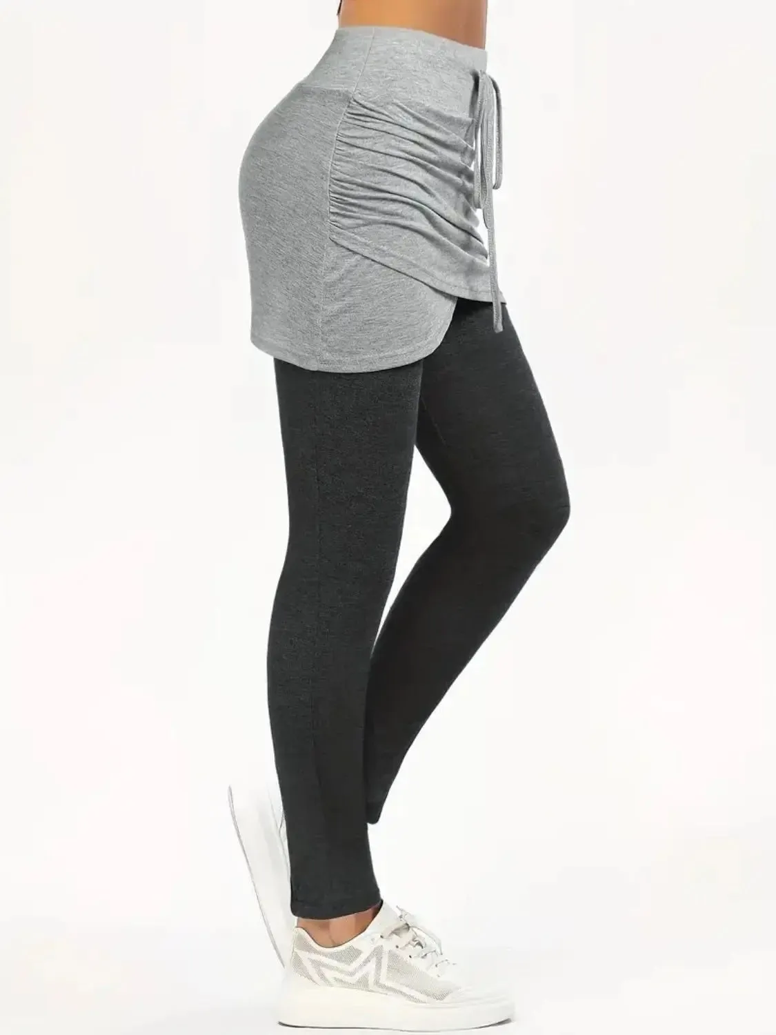 Drawstring Two Pieces Active Leggings with Ruched Skirt