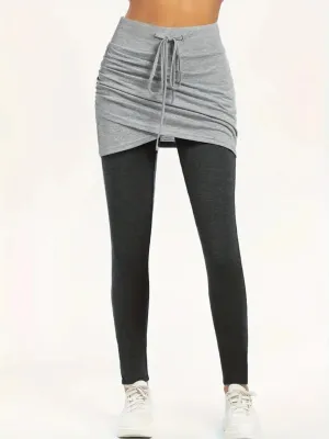 Drawstring Two Pieces Active Leggings with Ruched Skirt