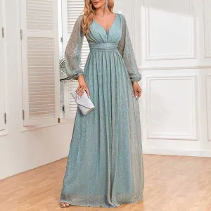 Dusty Green Long Prom Dress Plus Size Long Sleeve Event Dress A Line Ball Gown