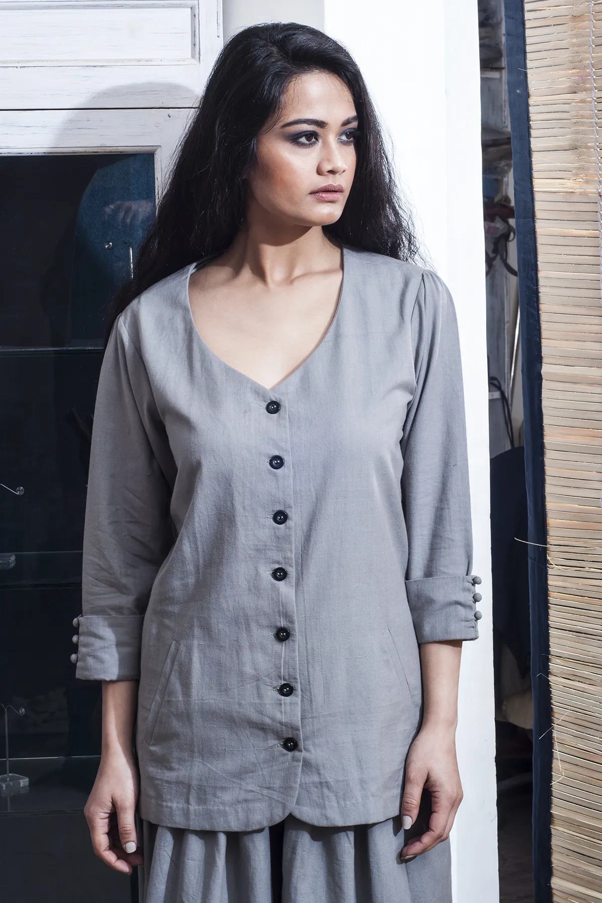 Elane- Grey Fitted Jacket With Oversized Pants
