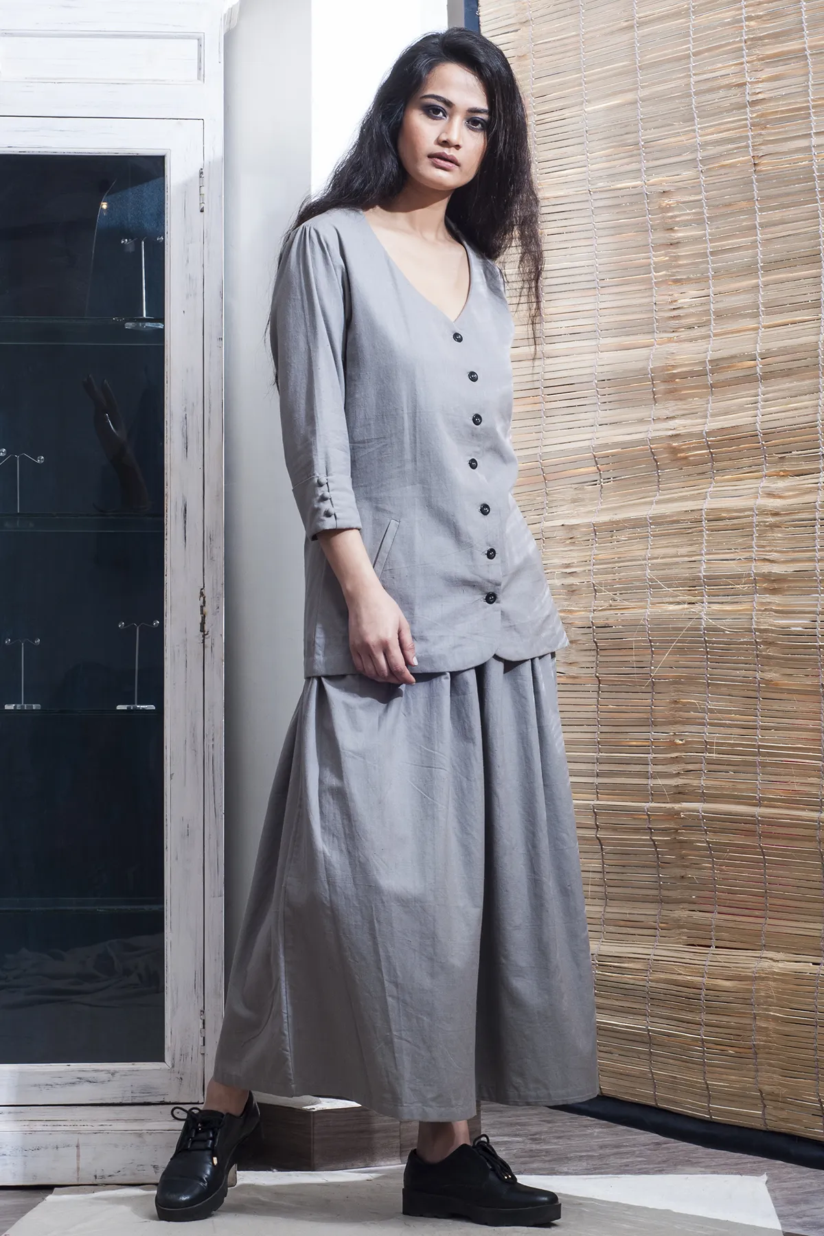 Elane- Grey Fitted Jacket With Oversized Pants