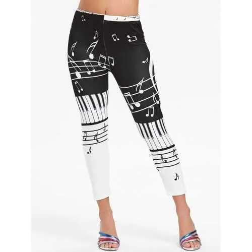 Elastic Waisted Music Notes Print Leggings - Black S