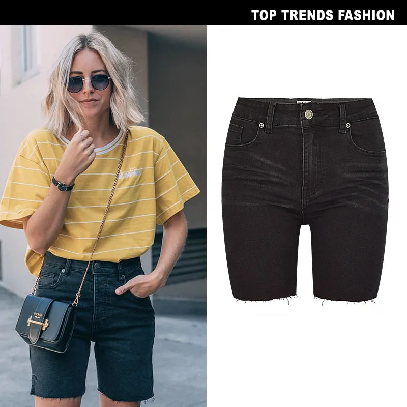 Elasticity Women's High Waisted Jean Middle Shorts Denim Shorts