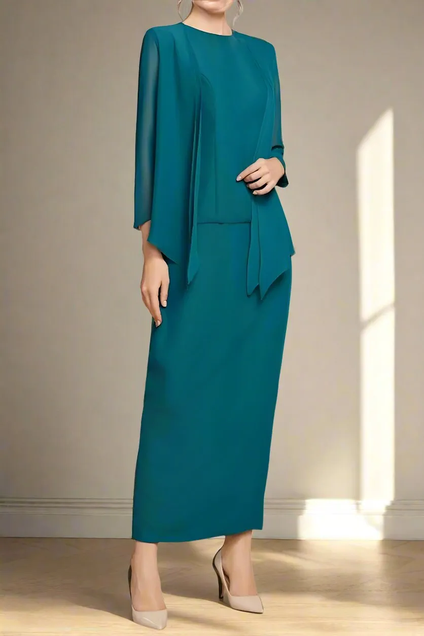 Elegant 3 Pieces Chiffon Sheath Ankle Length Mother of The Bride Dresses