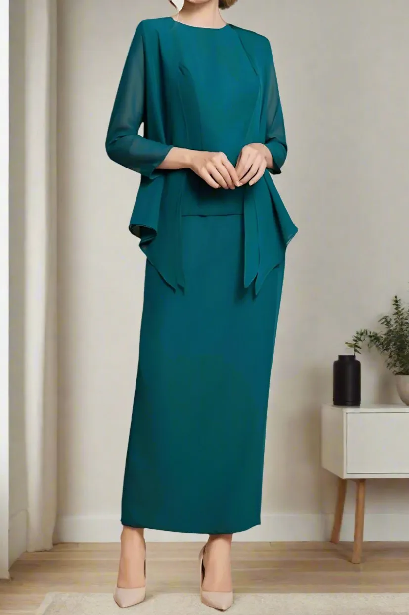 Elegant 3 Pieces Chiffon Sheath Ankle Length Mother of The Bride Dresses