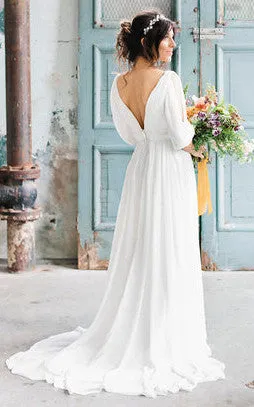 Elegant A-Line Chiffon Plunging Neckline Wedding Dress With Low-V Back And Ruching-716553