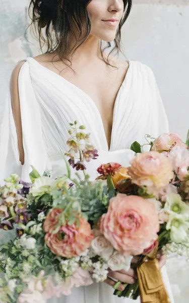 Elegant A-Line Chiffon Plunging Neckline Wedding Dress With Low-V Back And Ruching-716553