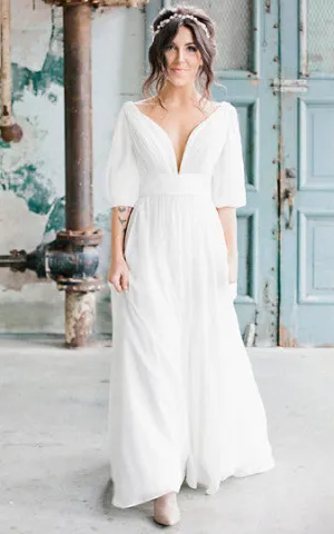 Elegant A-Line Chiffon Plunging Neckline Wedding Dress With Low-V Back And Ruching-716553