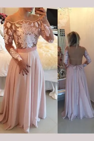 Elegant A-line Pink Floor-length Illusion Back Chiffon Prom Dress with Appliques Beading