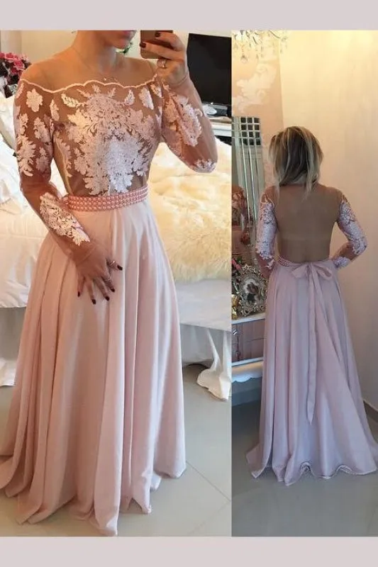 Elegant A-line Pink Floor-length Illusion Back Chiffon Prom Dress with Appliques Beading