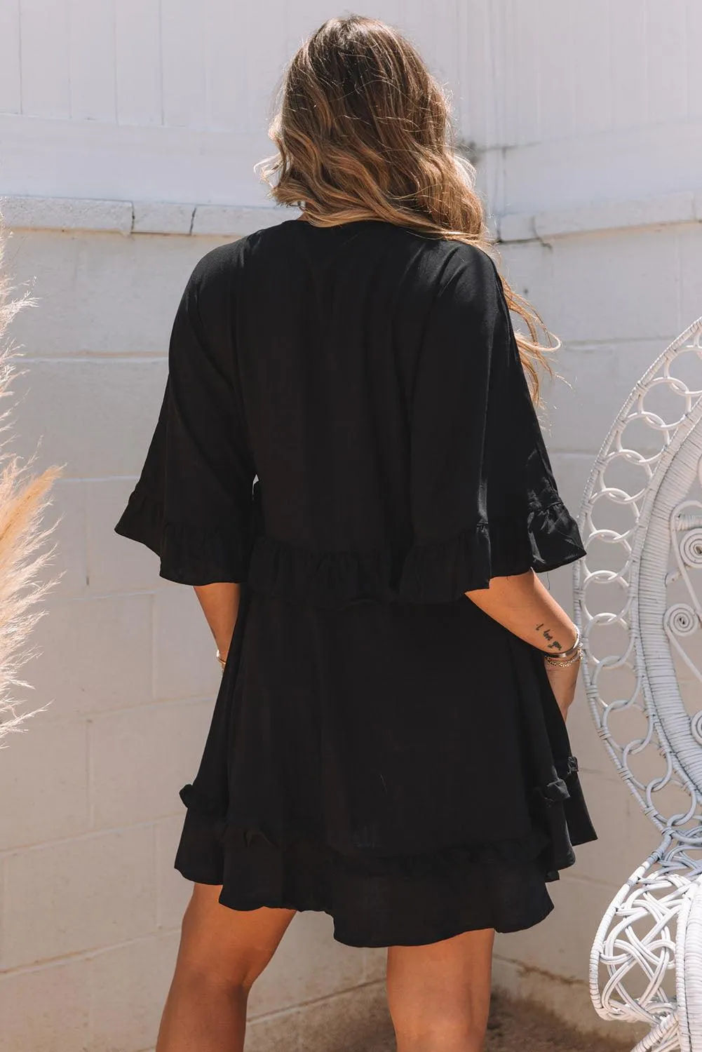 Elegant Black V-Neck Babydoll Mini Dress