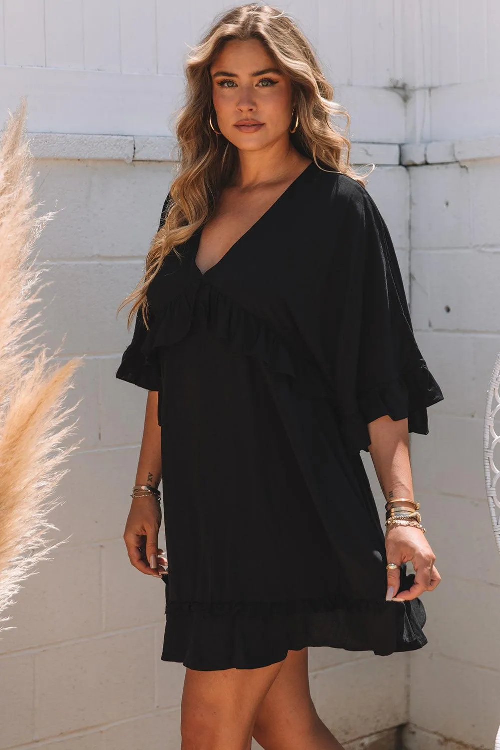 Elegant Black V-Neck Babydoll Mini Dress