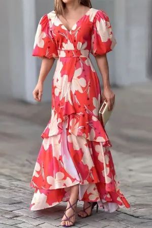 Elegant Floral Patchwork V Neck A Line Dresses