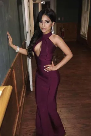 Elegant High Collar Dark Red Mermaid Long Evening Prom Dresses