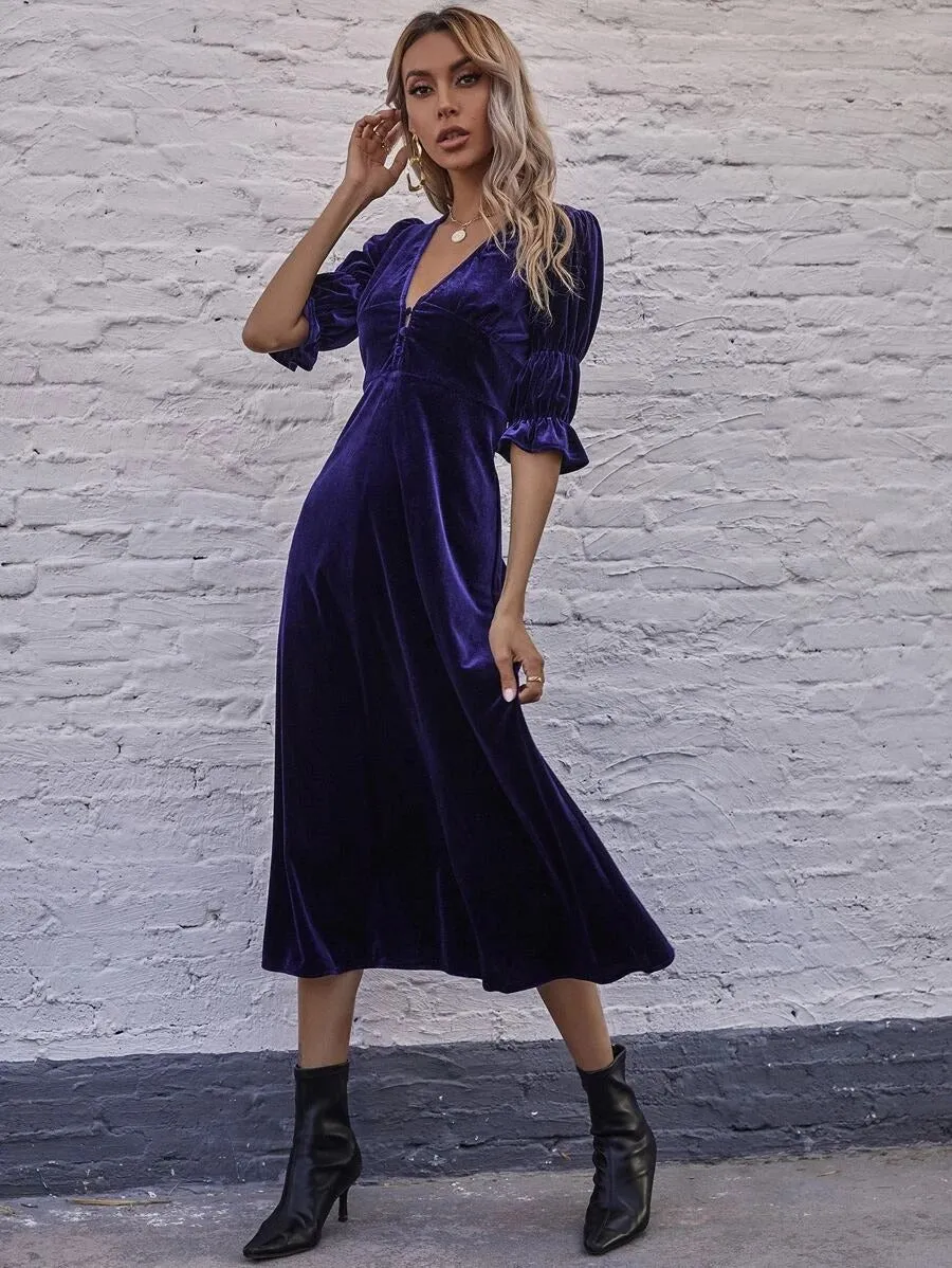 Elegant Lantern Sleeve Elastic Velvet Waist Midi Dresses