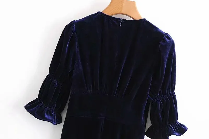 Elegant Lantern Sleeve Elastic Velvet Waist Midi Dresses