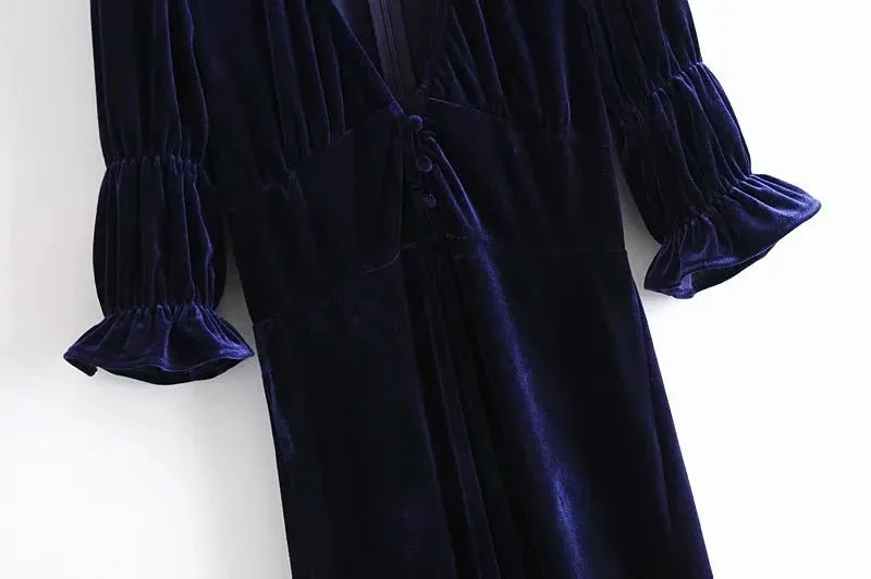 Elegant Lantern Sleeve Elastic Velvet Waist Midi Dresses