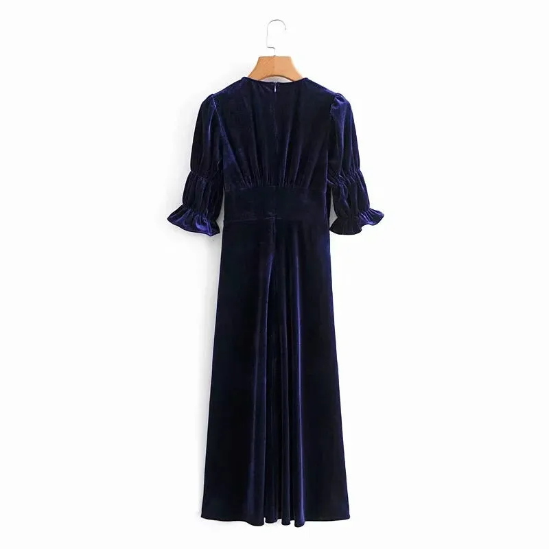 Elegant Lantern Sleeve Elastic Velvet Waist Midi Dresses