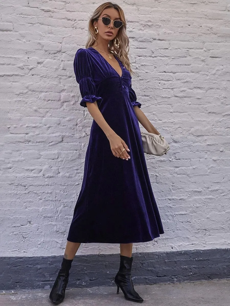 Elegant Lantern Sleeve Elastic Velvet Waist Midi Dresses