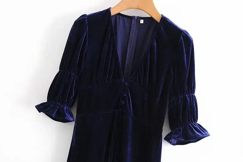 Elegant Lantern Sleeve Elastic Velvet Waist Midi Dresses