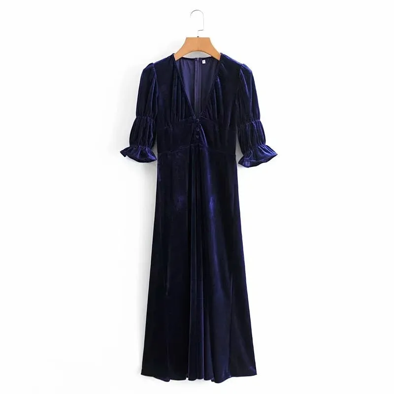 Elegant Lantern Sleeve Elastic Velvet Waist Midi Dresses