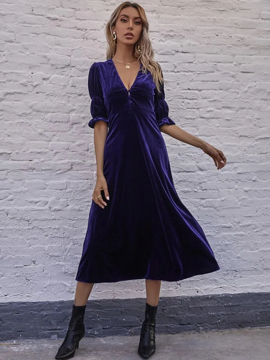 Elegant Lantern Sleeve Elastic Velvet Waist Midi Dresses