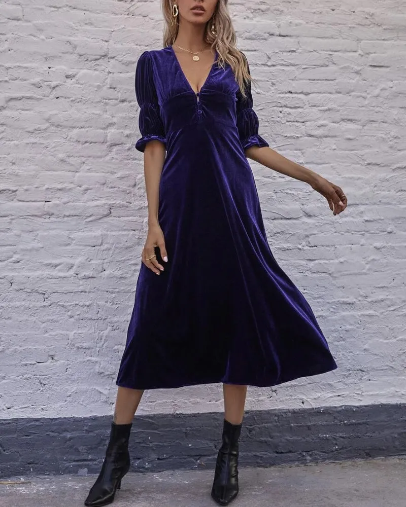 Elegant Lantern Sleeve Elastic Velvet Waist Midi Dresses
