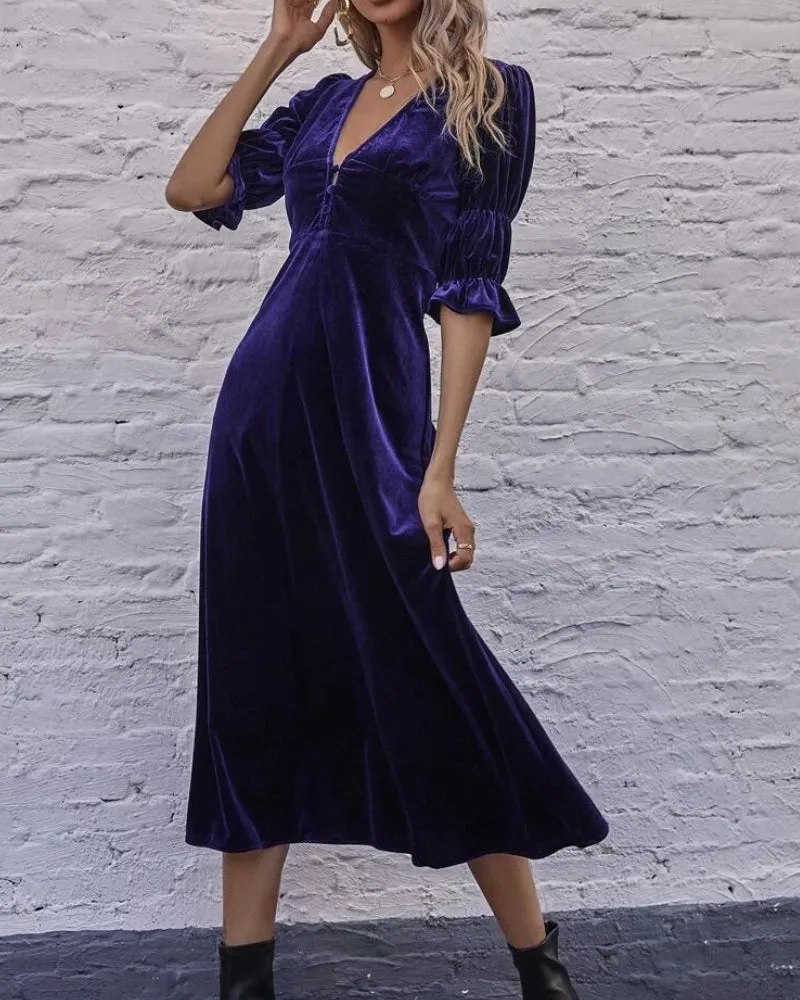Elegant Lantern Sleeve Elastic Velvet Waist Midi Dresses