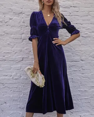 Elegant Lantern Sleeve Elastic Velvet Waist Midi Dresses