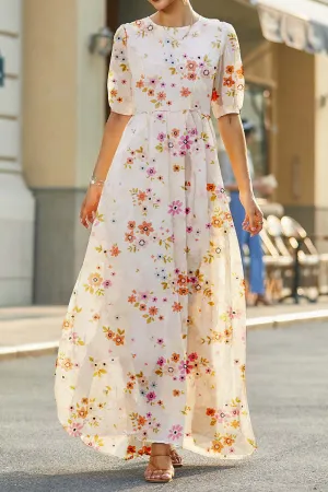 Elegant O Neck Print High Waist Cotton Long Dress Summer