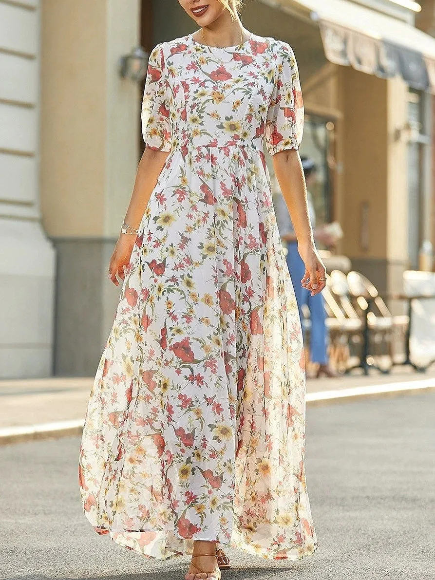 Elegant O Neck Print High Waist Cotton Long Dress Summer