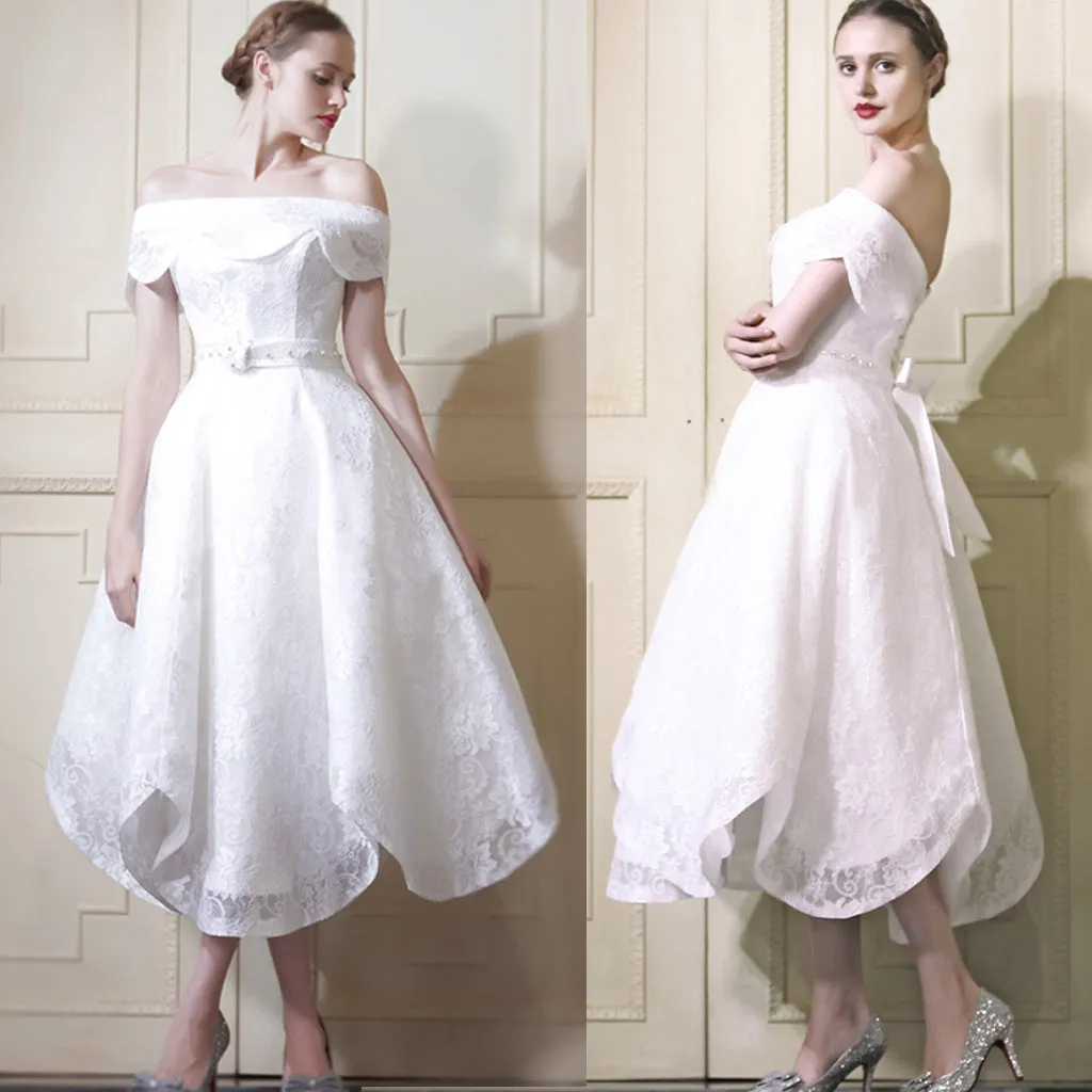 Elegant Petal Off Shoulder Tea-length Full Lace Beading Wedding Dresses,BD00212