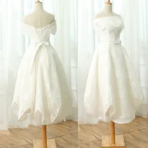 Elegant Petal Off Shoulder Tea-length Full Lace Beading Wedding Dresses,BD00212