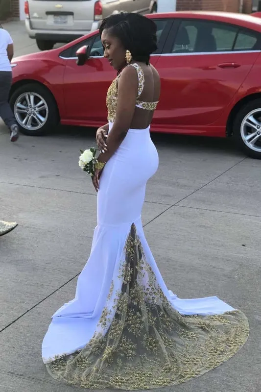 Elegant Spaghetti Strap Gold Train Mermaid Prom Dresses
