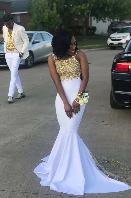 Elegant Spaghetti Strap Gold Train Mermaid Prom Dresses