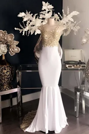 Elegant Spaghetti Strap Gold Train Mermaid Prom Dresses
