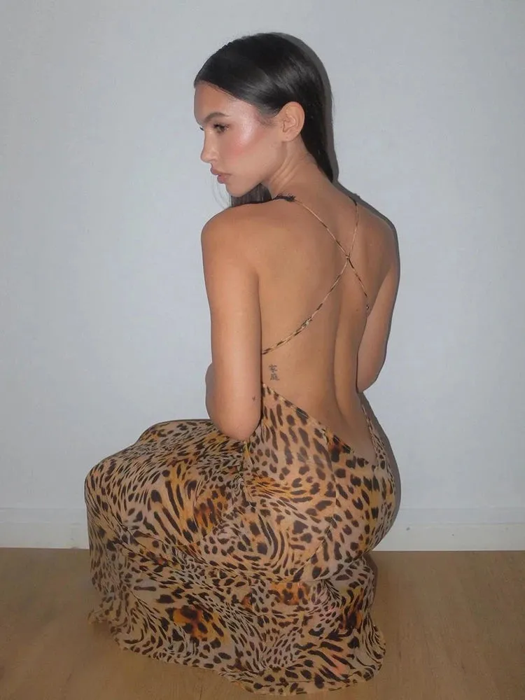 Elegant Tie Dye Backless Bodycon See Through Dress