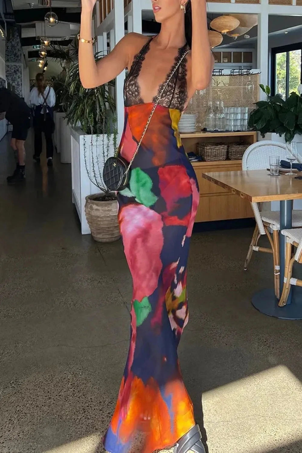 Elegant Tie Dye Backless Bodycon See Through Dress