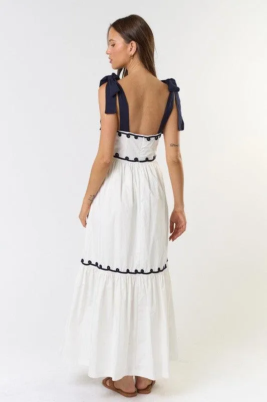 EMBROIDERED SHOULDER BOW TIE MAXI DRESS