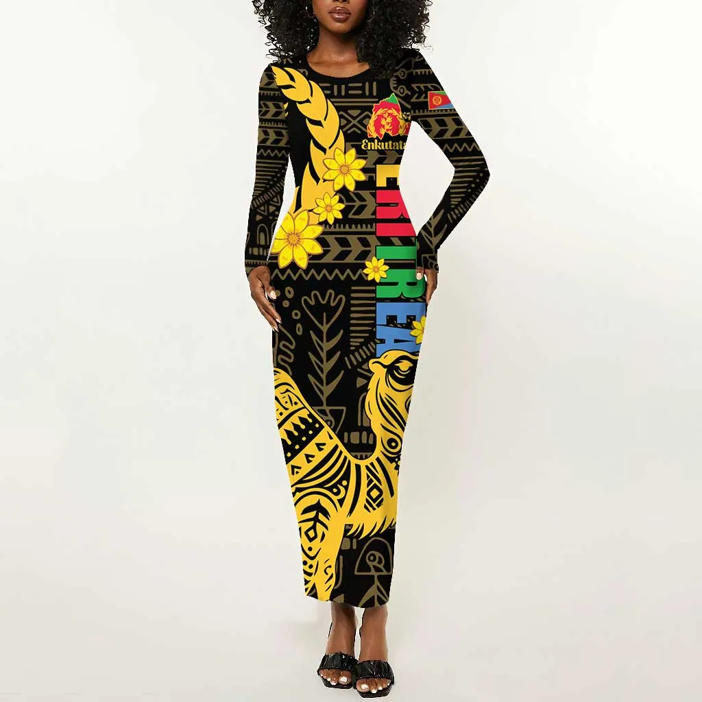 Enkutatash Eritrea New Year Long Sleeve Bodycon Dress Eritrean Camel African Pattern LT01