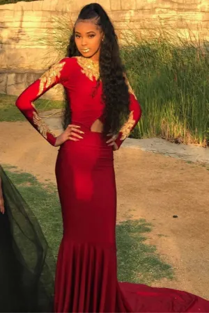 Excellent Red Long Sleeves Jewel Mermaid Prom Dresses with Train